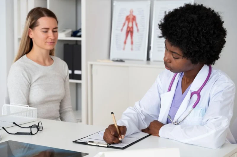 A doctor recording consultation notes in a clinical examination room